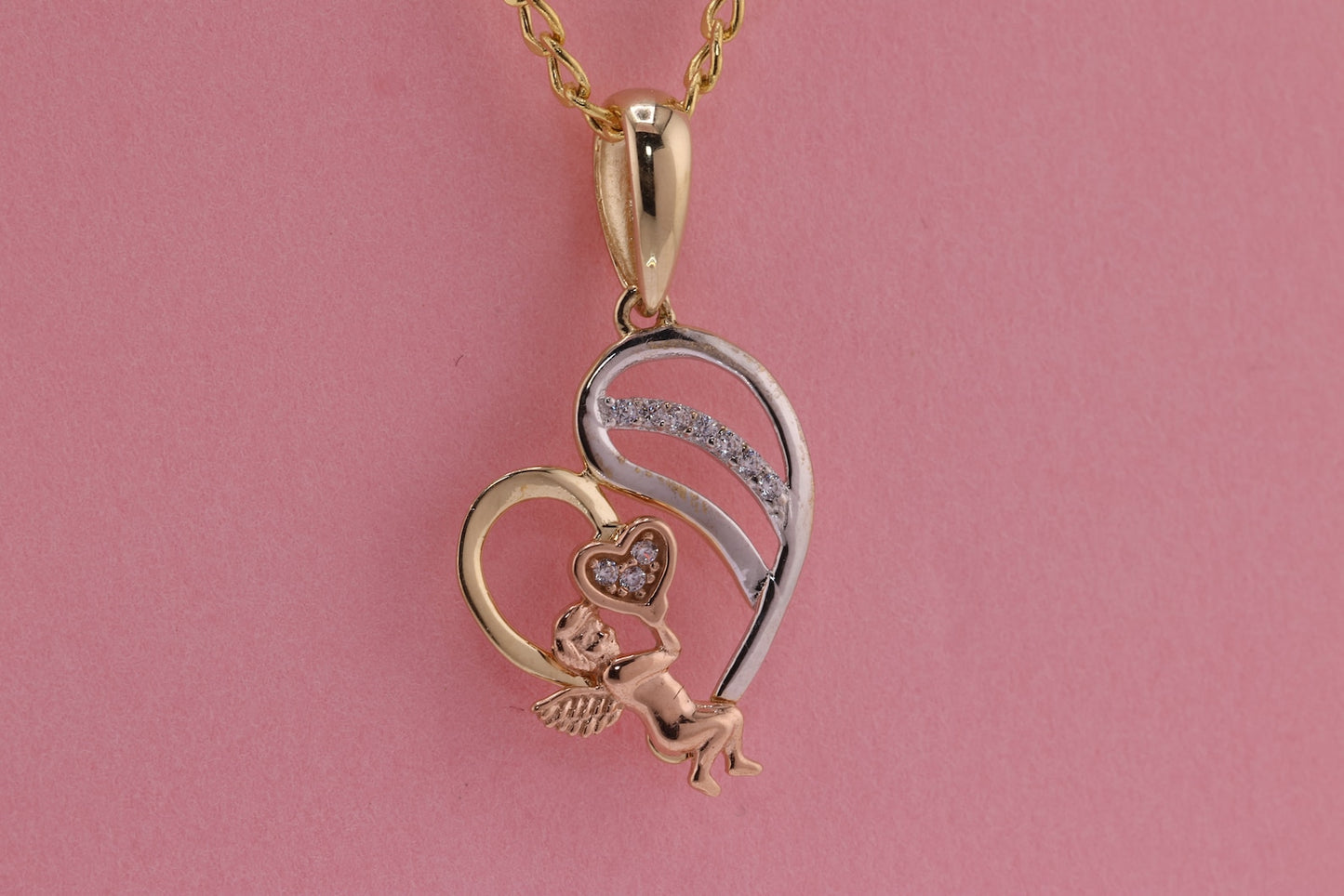 14K Tri Color Cubic Zirconia Heart Angel Pendant