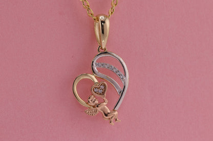 14K Tri Color Cubic Zirconia Heart Angel Pendant