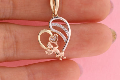 14K Tri Color Cubic Zirconia Heart Angel Pendant