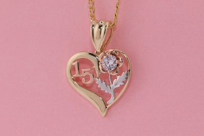 14K Gold 15 Anos Quinceanera Heart Pendant I