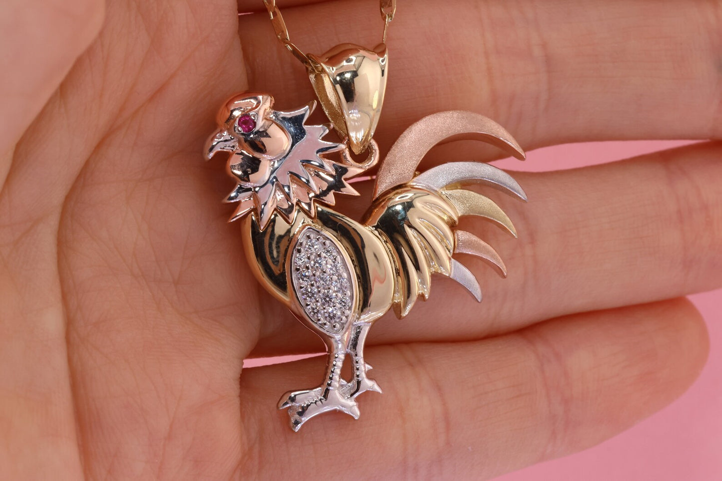 14K Solid Yellow White Rose Gold Cubic Zirconia Rooster Pendant