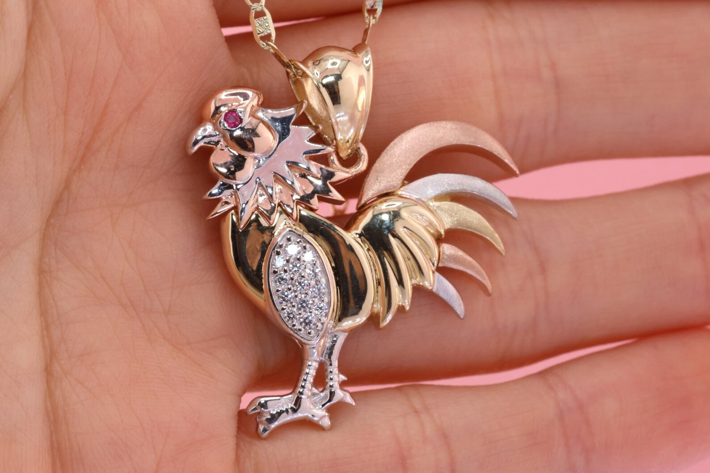 14K Solid Yellow White Rose Gold Cubic Zirconia Rooster Pendant