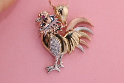 14K Solid Yellow White Rose Gold Cubic Zirconia Rooster Pendant