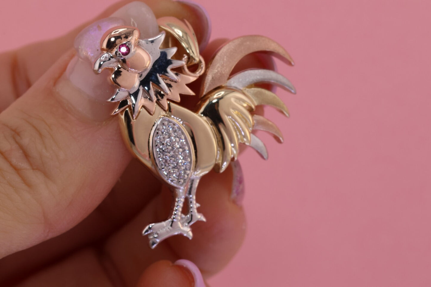 14K Solid Yellow White Rose Gold Cubic Zirconia Rooster Pendant