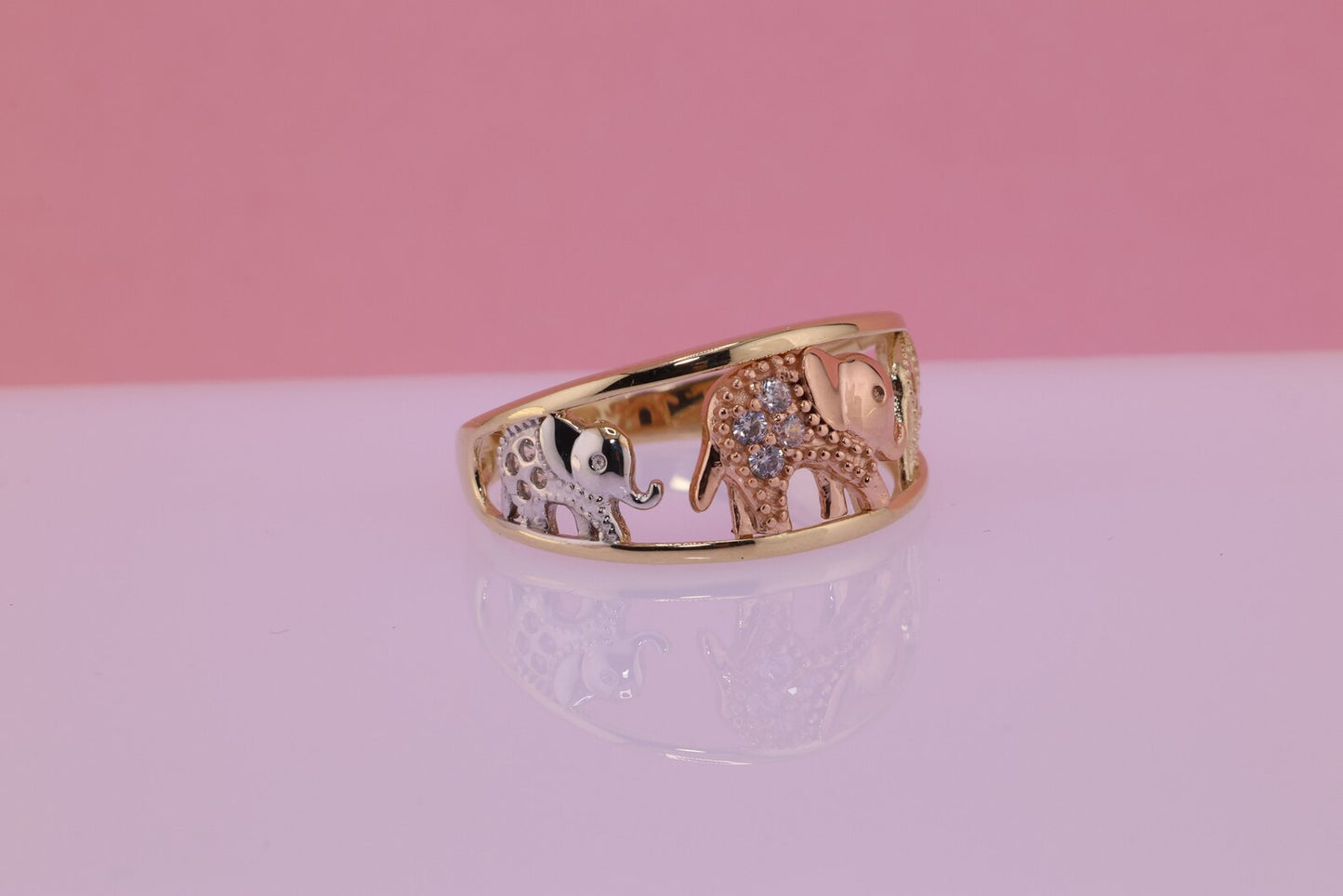 14k Tri Color CZ Elephant Band Ring C