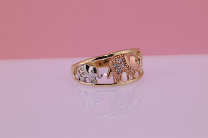 14k Tri Color CZ Elephant Band Ring C