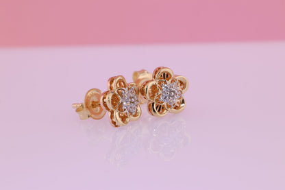 14k Solid Gold Two Tone Color Flower Push Back Stud Earrings