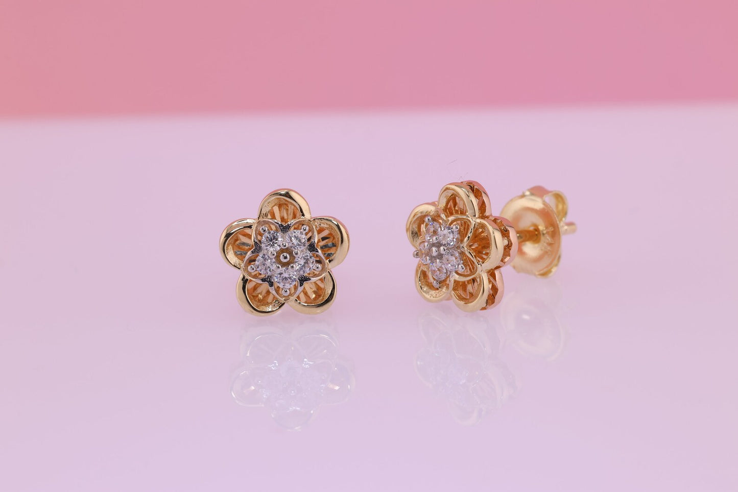 14k Solid Gold Two Tone Color Flower Push Back Stud Earrings