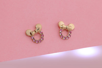 14K Gold White/Pink CZ Mouse Earrings