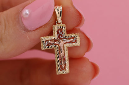 14k Solid Gold Cross Jesus Crucifix Crucifijo Charm Pendant P