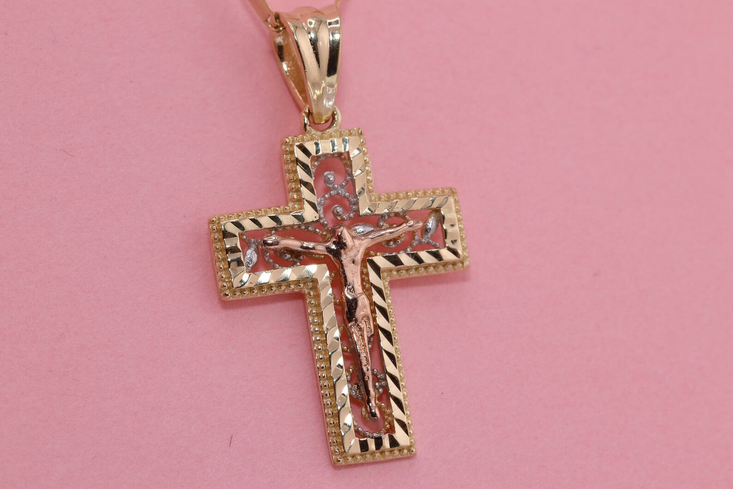 14k Solid Gold Cross Jesus Crucifix Crucifijo Charm Pendant P