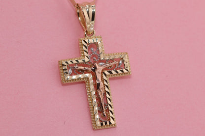 14k Solid Gold Cross Jesus Crucifix Crucifijo Charm Pendant P