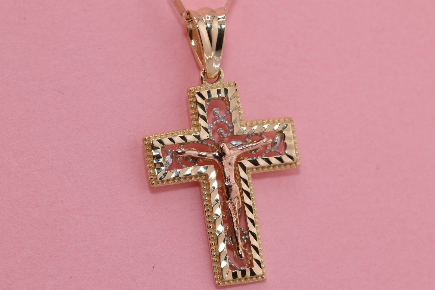 14k Solid Gold Cross Jesus Crucifix Crucifijo Charm Pendant P