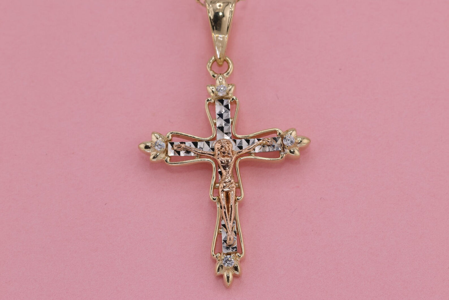 14k Solid Gold Cross Jesus Crucifix Crucifijo Charm Pendant O