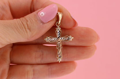 14k Solid Gold Cross Jesus Crucifix Crucifijo Charm Pendant O