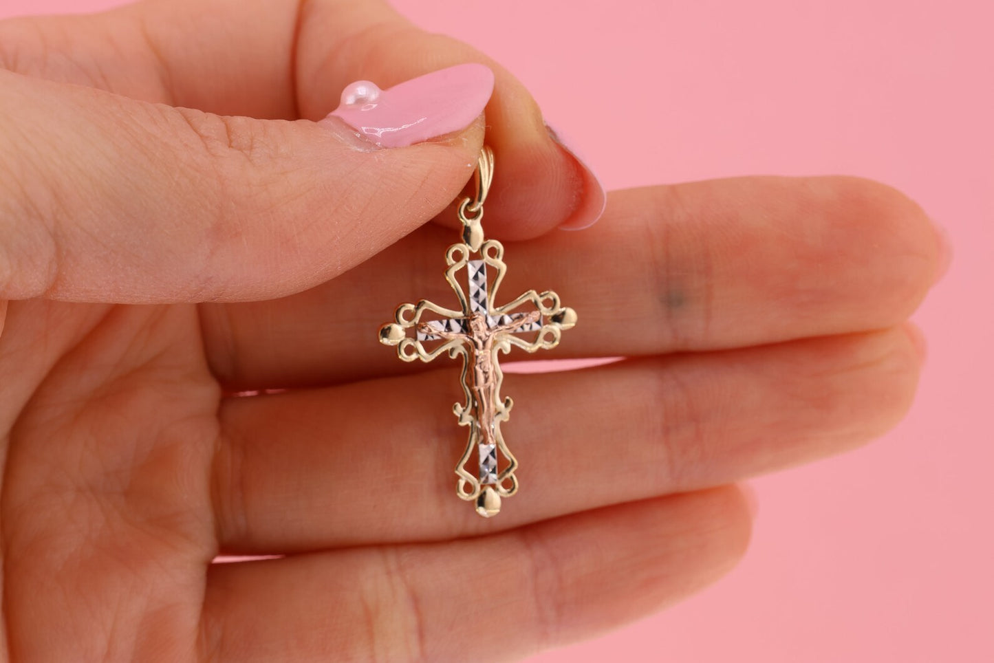 14k Solid Gold Cross Jesus Crucifix Crucifijo Charm Pendant N