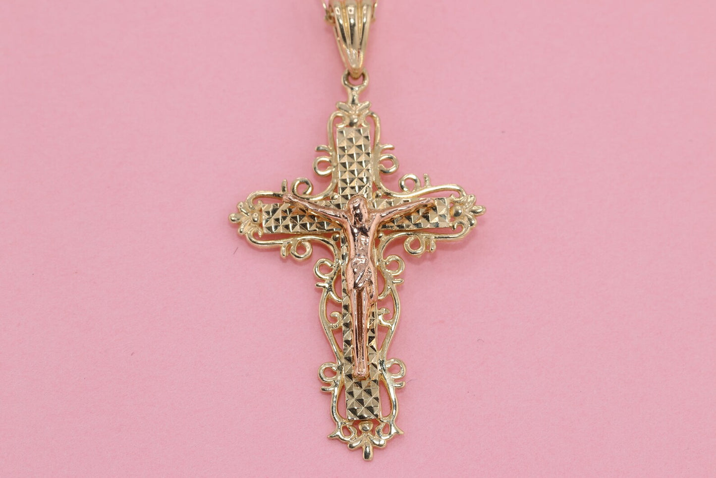 14k Solid Gold Cross Jesus Crucifix Crucifijo Charm Pendant L