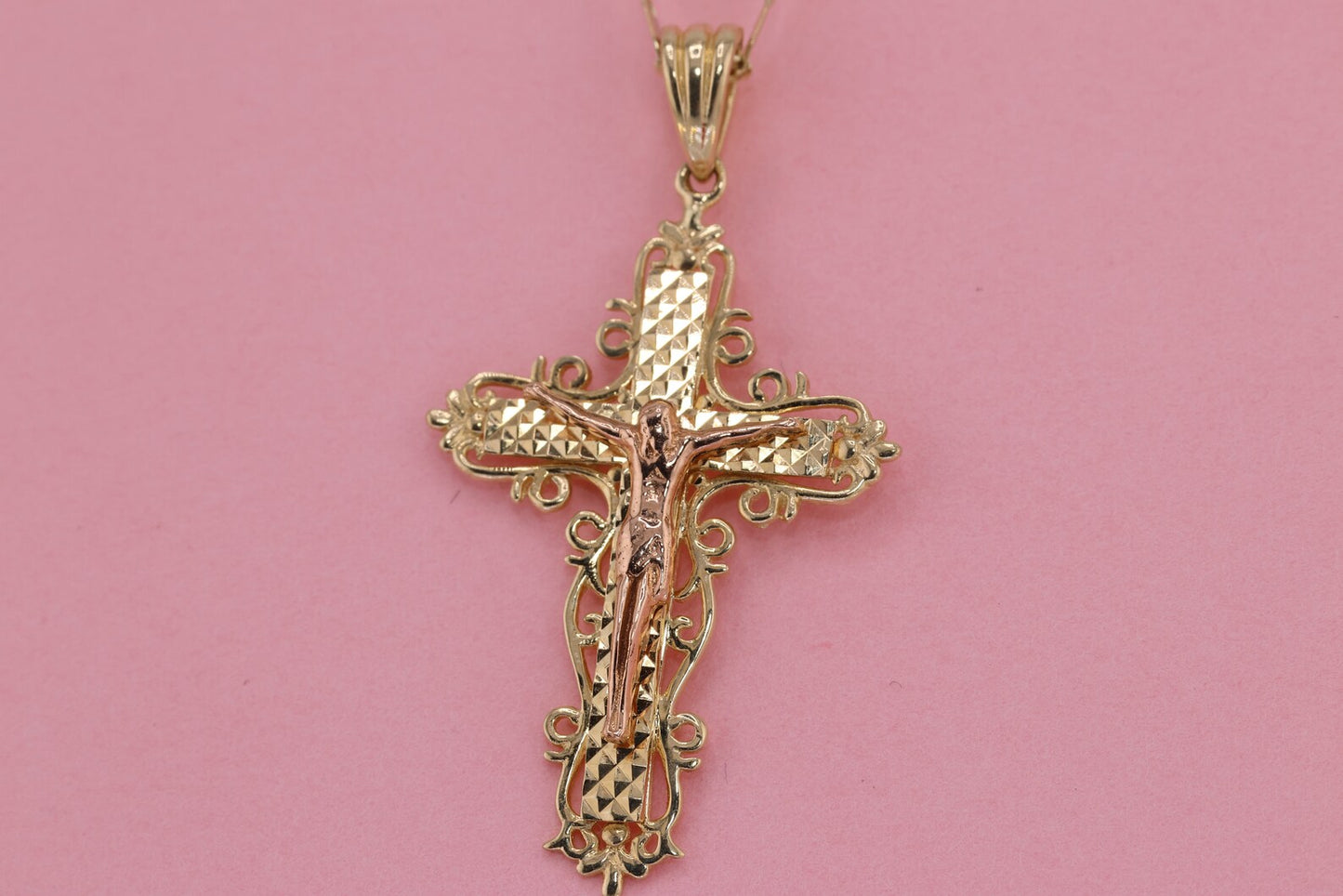 14k Solid Gold Cross Jesus Crucifix Crucifijo Charm Pendant L