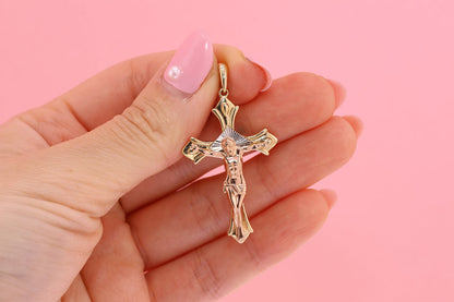 14k Solid Gold Cross Jesus Crucifix Crucifijo Charm Pendant K