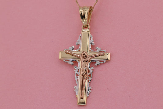 14k Solid Gold Cross Jesus Crucifix Crucifijo Charm Pendant I