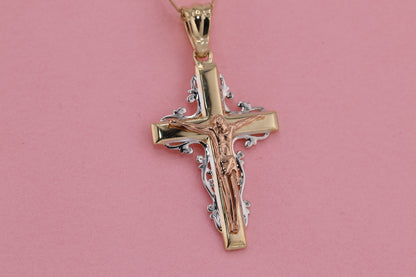 14k Solid Gold Cross Jesus Crucifix Crucifijo Charm Pendant I