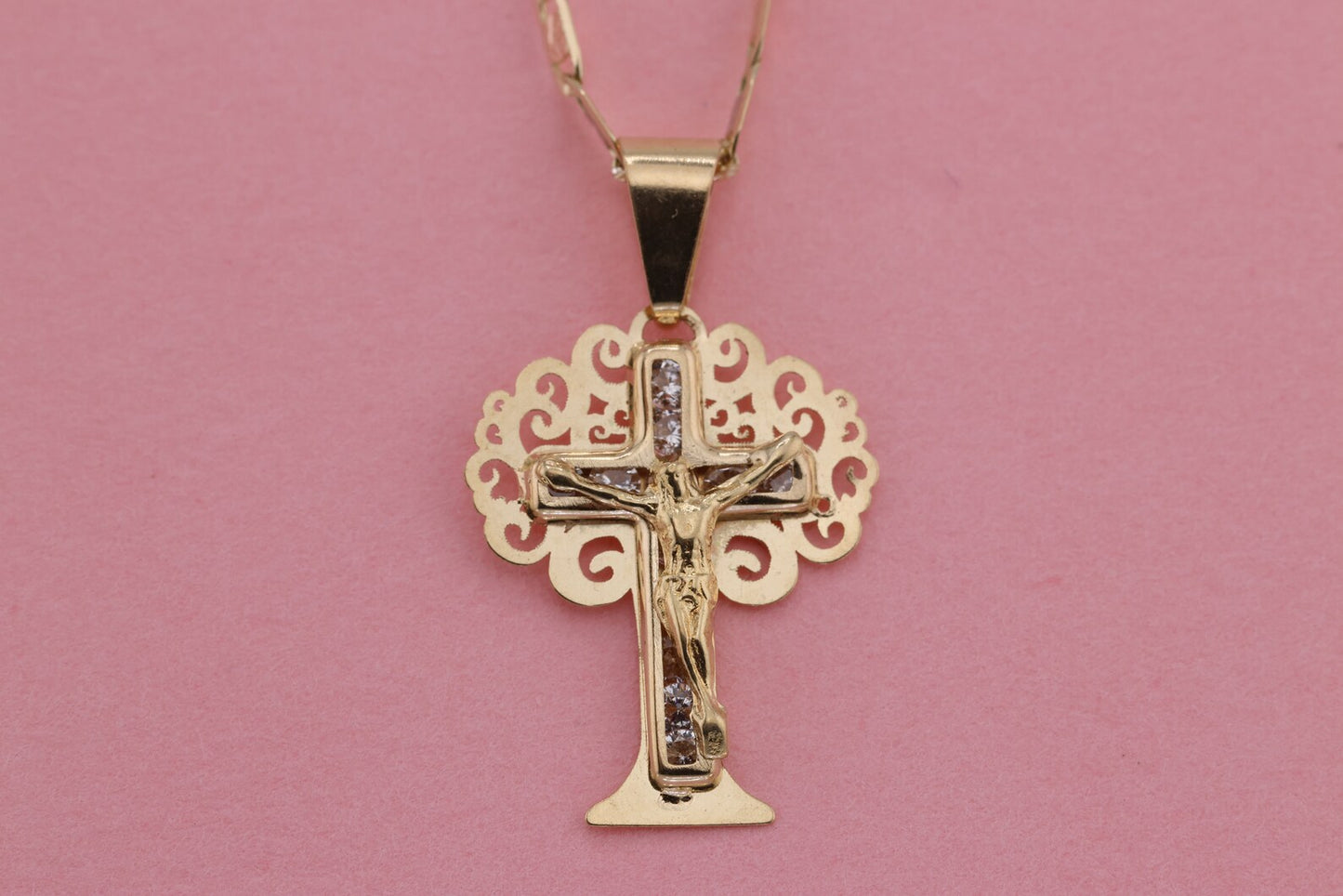 14k Solid Gold Cross Jesus Crucifix Crucifijo Charm Pendant F