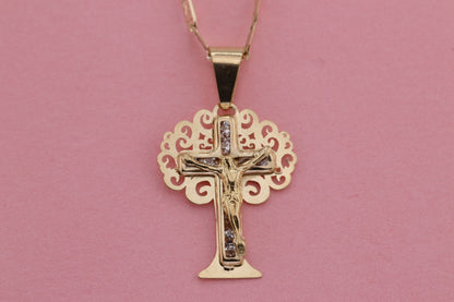 14k Solid Gold Cross Jesus Crucifix Crucifijo Charm Pendant F