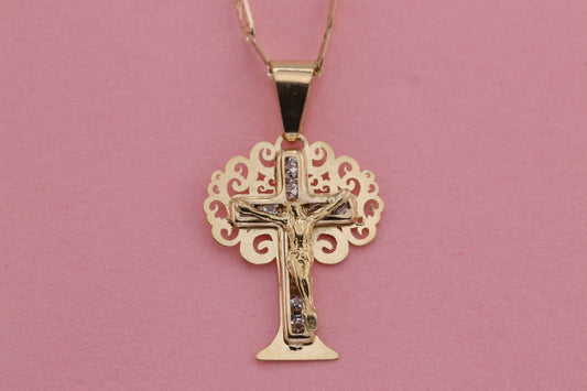 14k Solid Gold Cross Jesus Crucifix Crucifijo Charm Pendant F