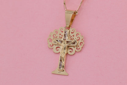 14k Solid Gold Cross Jesus Crucifix Crucifijo Charm Pendant F