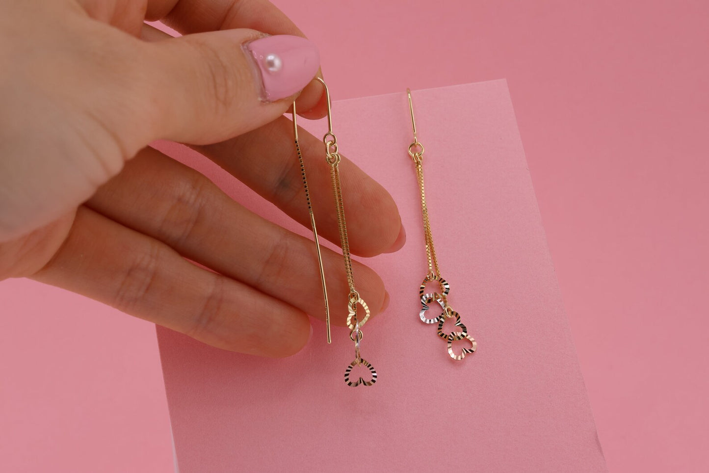 14k Tri Color Glitter Gold Dainty Heart Dangle Earrings A