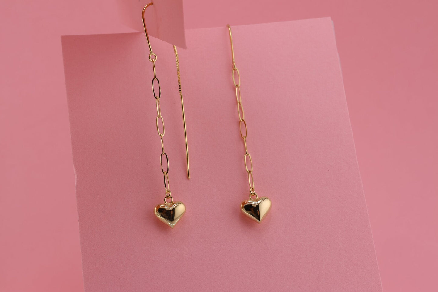 14k Gold Heart Paperclip chain Drop Earrings