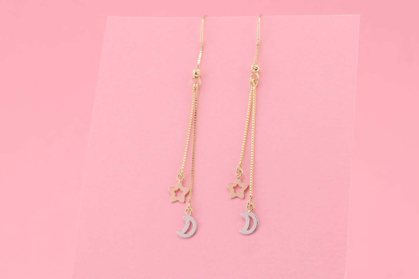 14K Tri Color Moon and Star Drop Dangle Earrings