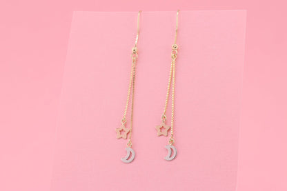 14K Tri Color Moon and Star Drop Dangle Earrings