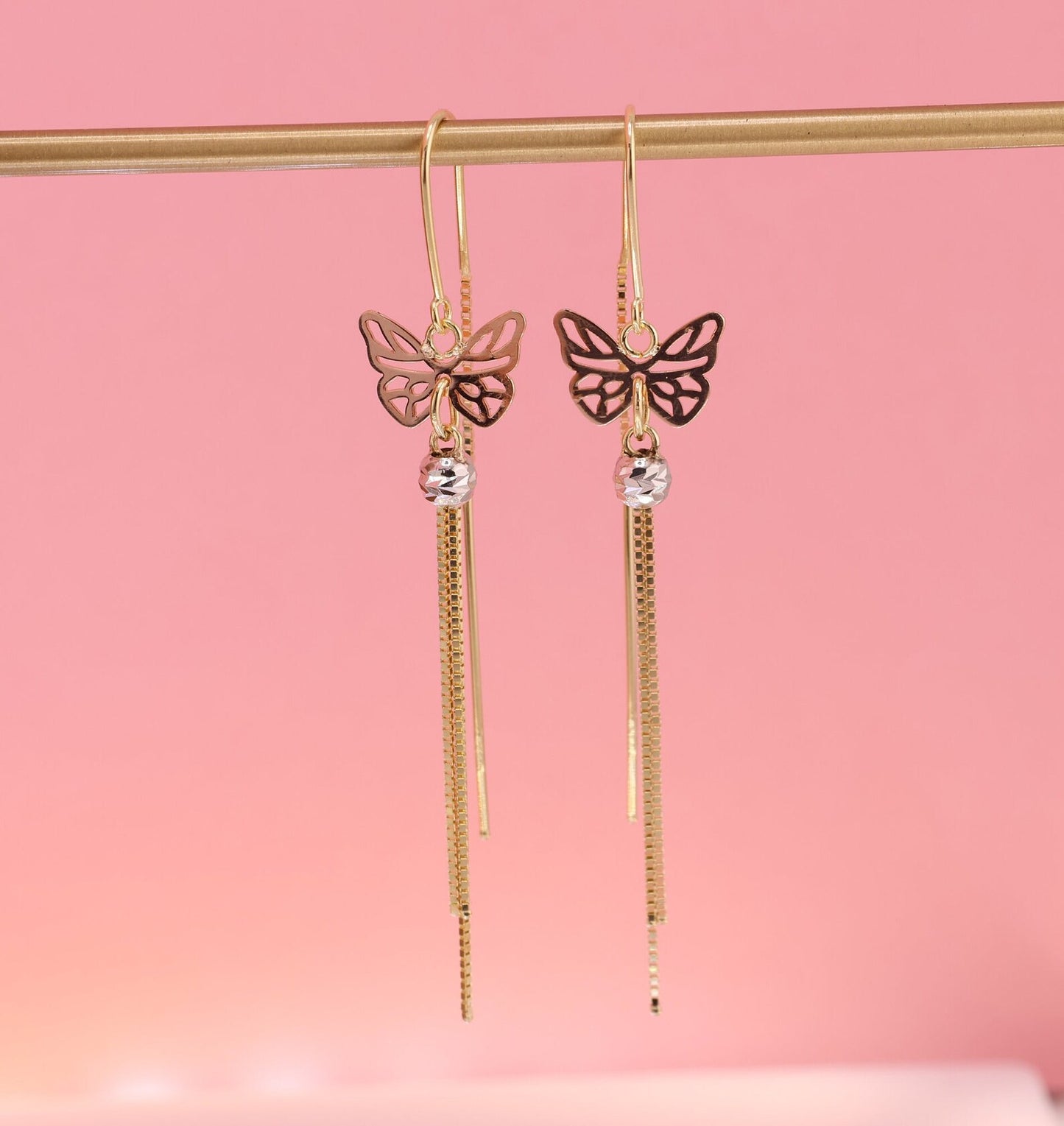 14k Tri Color Glitter Gold Dainty Butterfly Dangle Earrings A