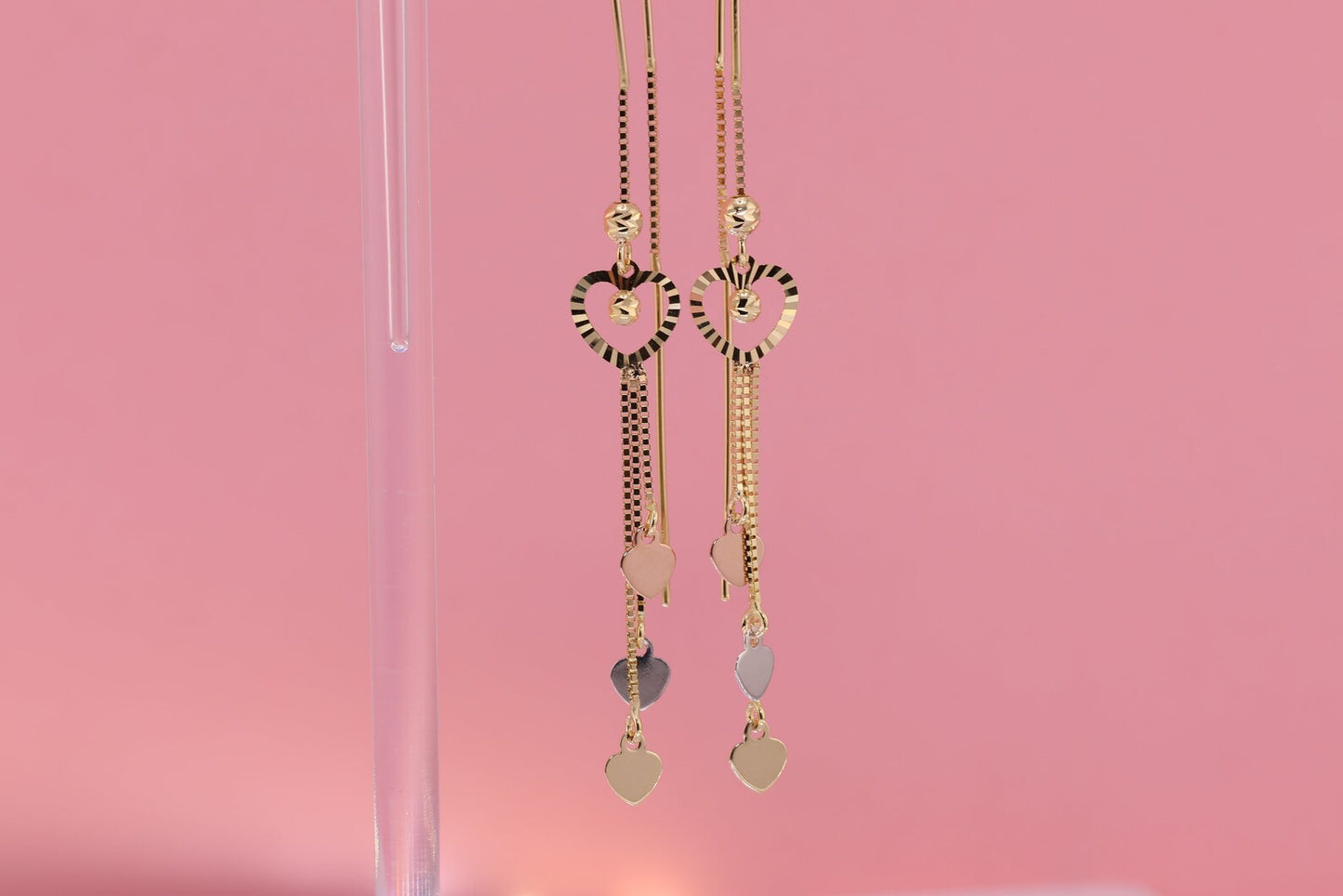 14k Tri Color Glitter Gold Dainty Heart Dangle Earrings C