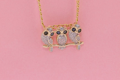 14K Gold CZ Triple Owl Pendant