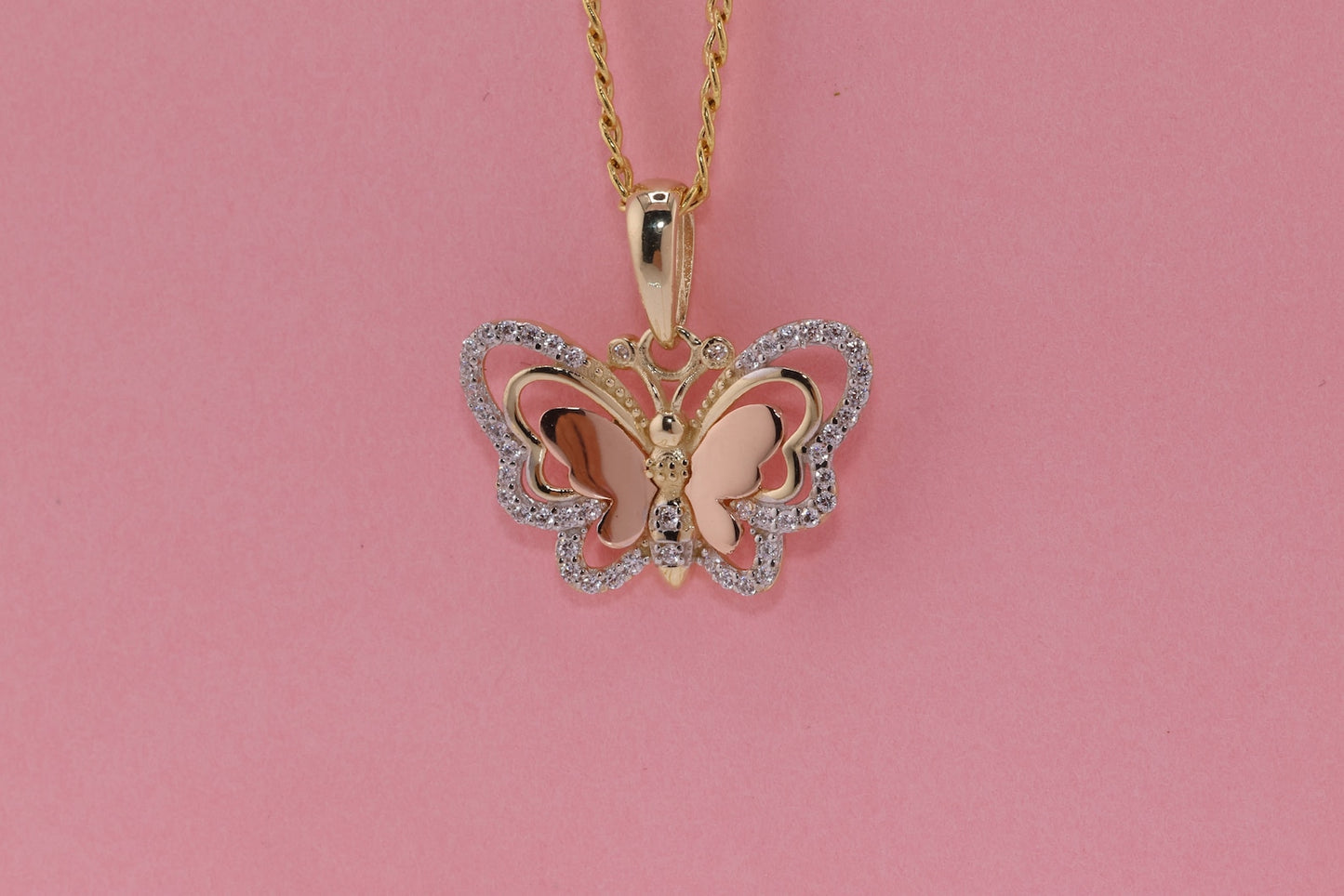 14k Tri Color Cubic Zirconia Butterfly Pendant F