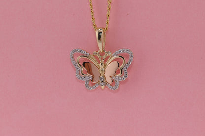 14k Tri Color Cubic Zirconia Butterfly Pendant F