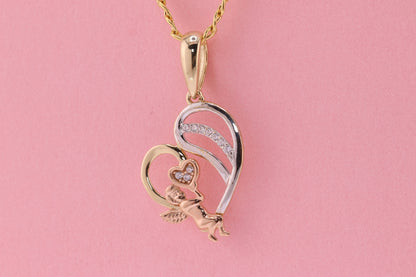 14K Tri Color Cubic Zirconia Heart Angel Pendant