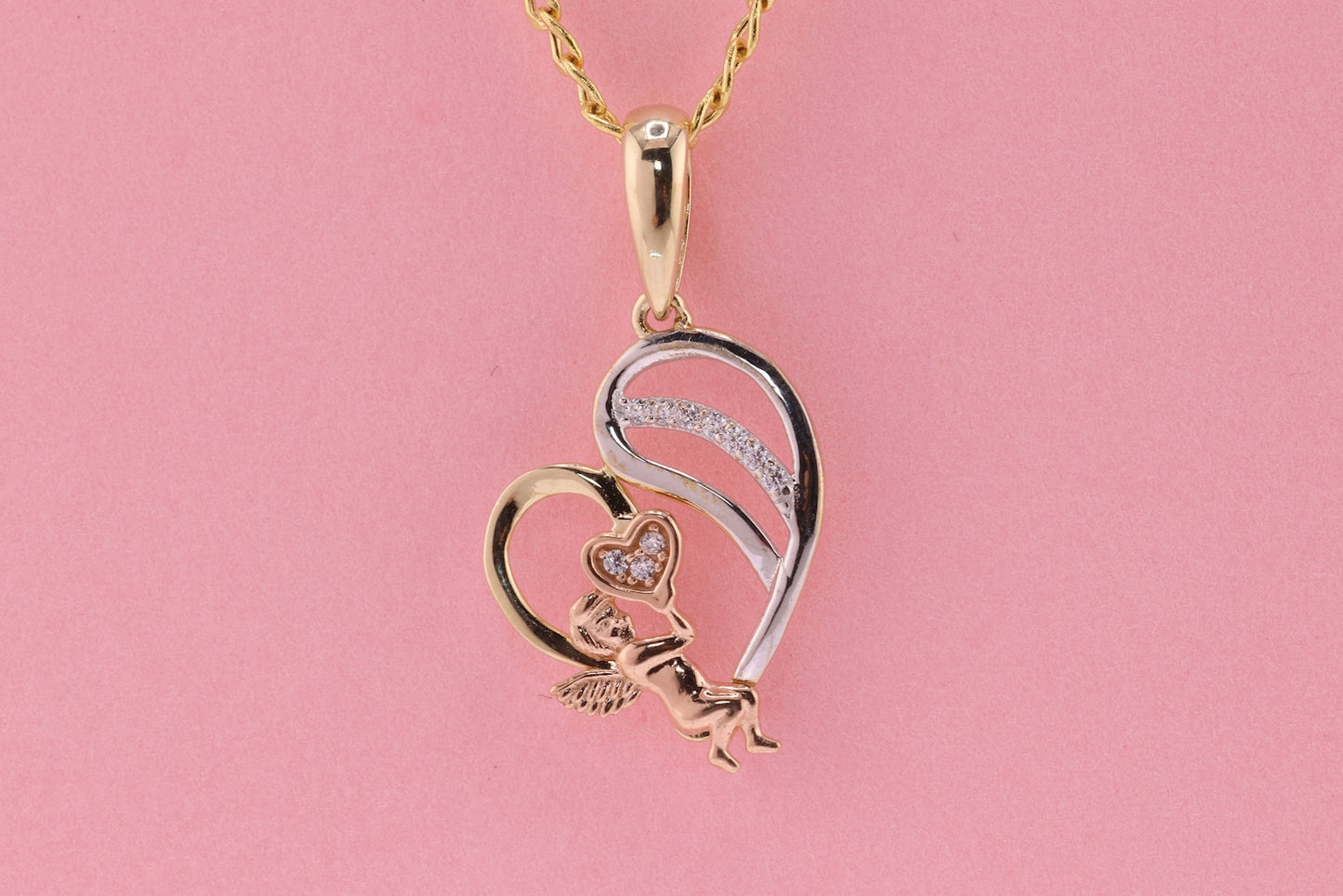 14K Tri Color Cubic Zirconia Heart Angel Pendant