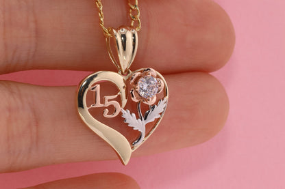 14K Gold 15 Anos Quinceanera Heart Pendant I