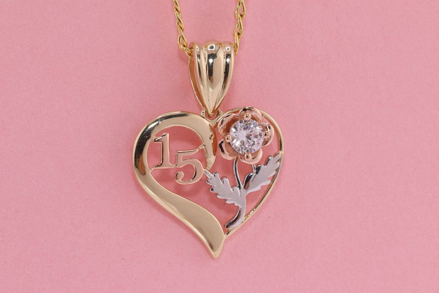 14K Gold 15 Anos Quinceanera Heart Pendant I