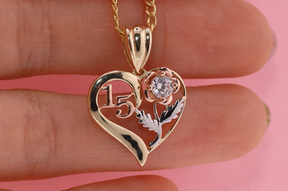 14K Gold 15 Anos Quinceanera Heart Pendant I