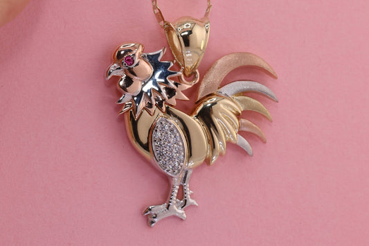 14K Solid Yellow White Rose Gold Cubic Zirconia Rooster Pendant