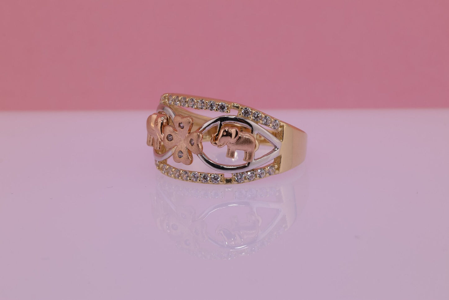 14k Tri Color CZ Elephant Band Ring F