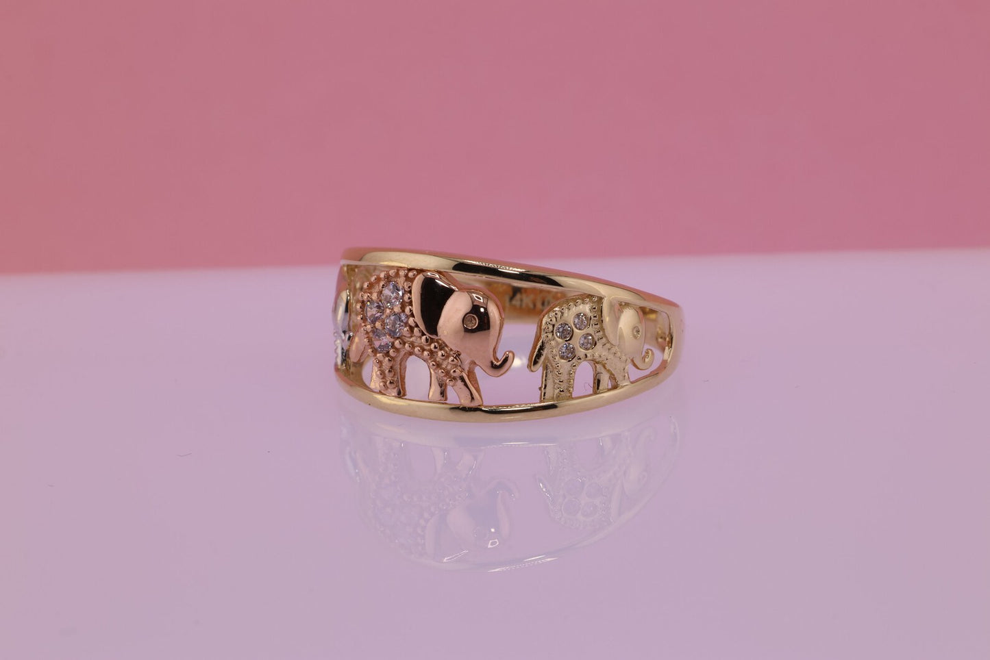 14k Tri Color CZ Elephant Band Ring C