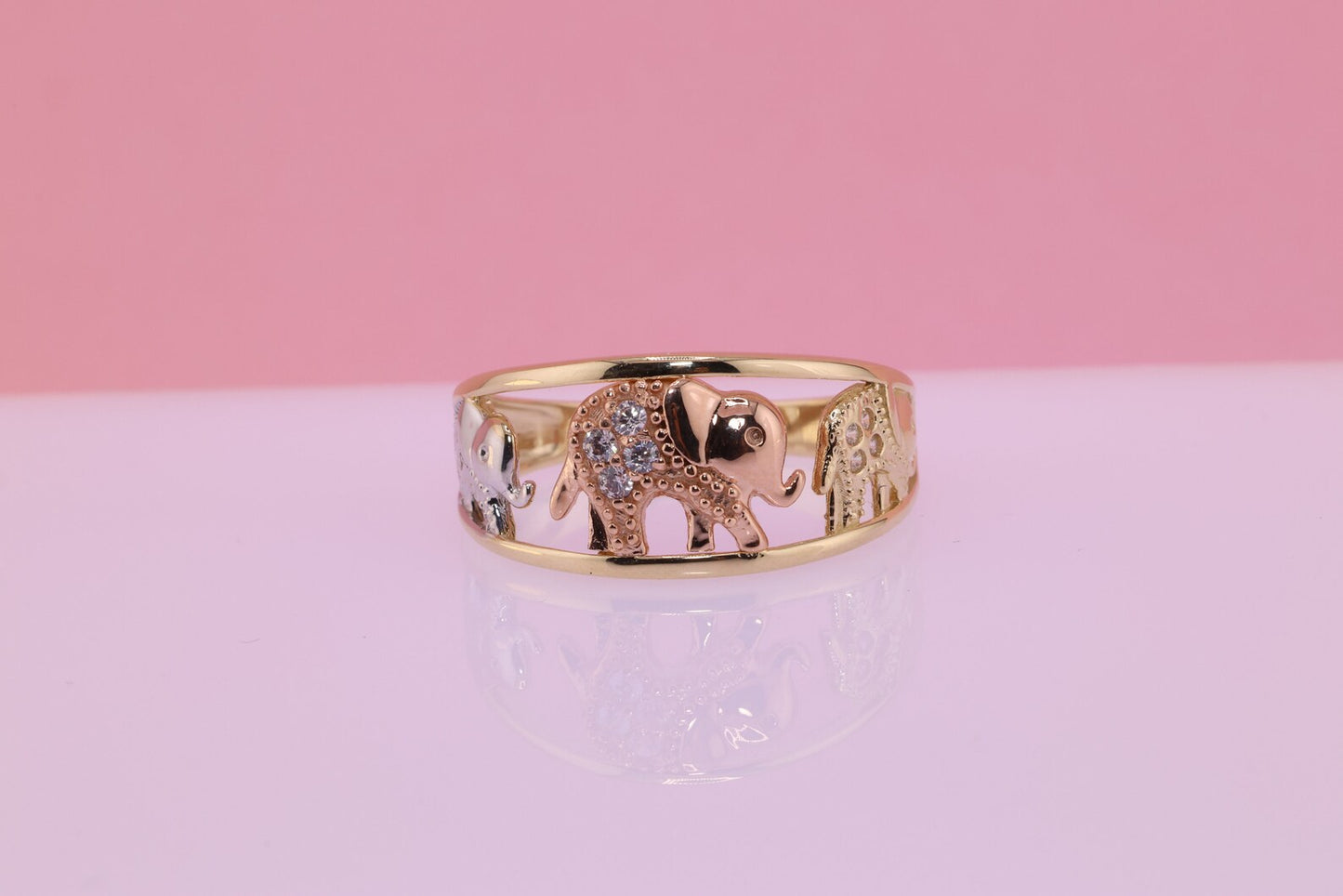 14k Tri Color CZ Elephant Band Ring C