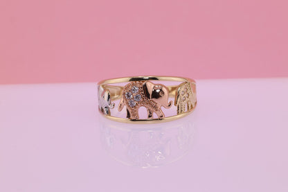 14k Tri Color CZ Elephant Band Ring C