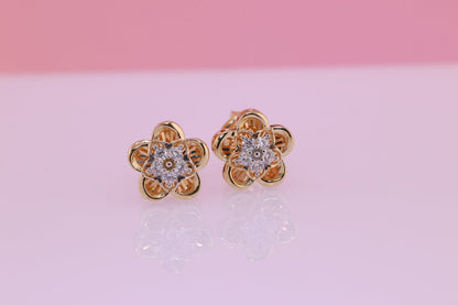 14k Solid Gold Two Tone Color Flower Push Back Stud Earrings