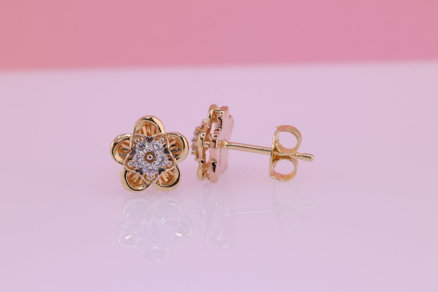 14k Solid Gold Two Tone Color Flower Push Back Stud Earrings